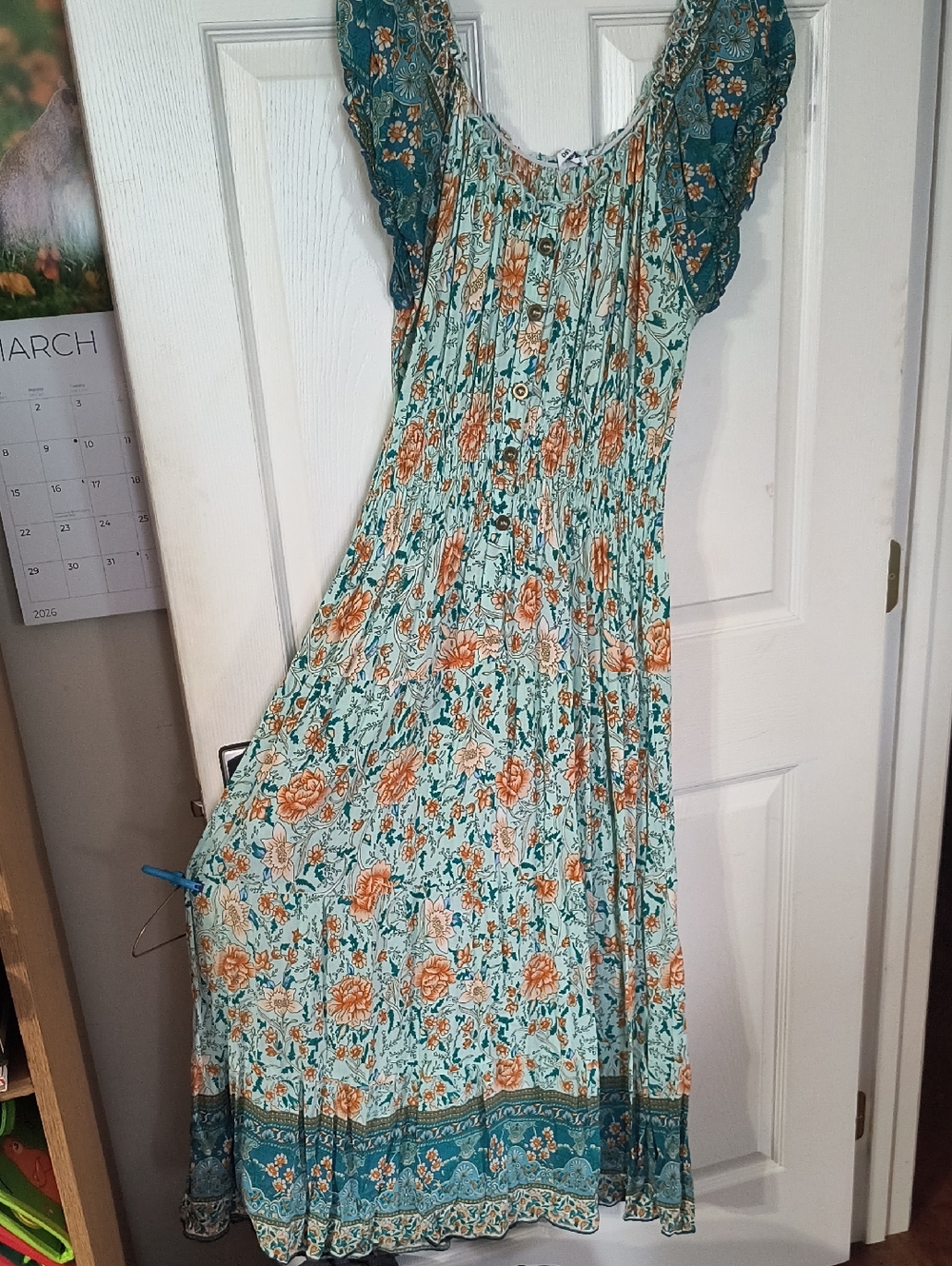 Teal Floral Dress with Tan Flowers